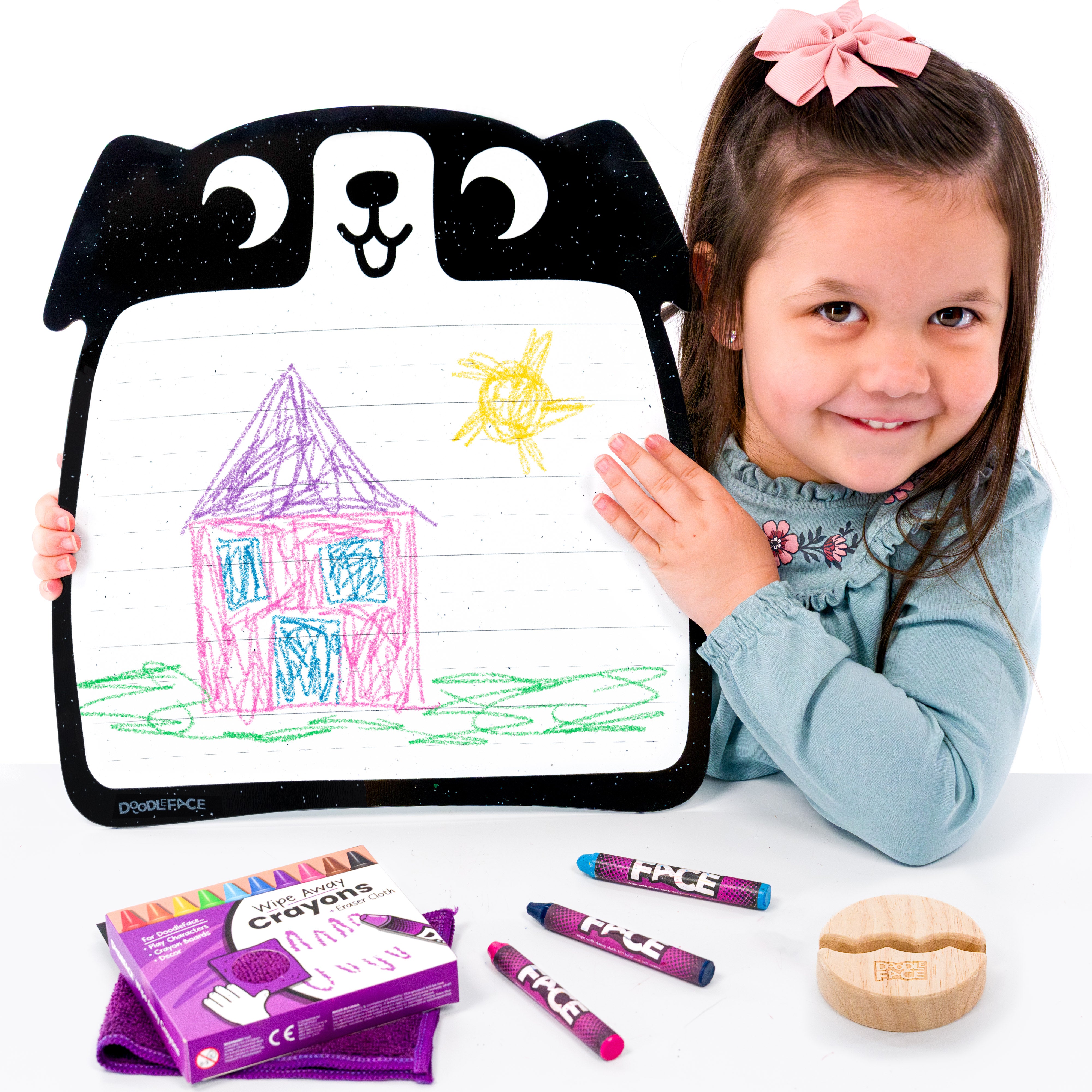 DoodleFace Wipe-Away Crayon Board w/ Crayons. Mess-Free Dry-Erase for Kids Ages 2-8! Case of 12
