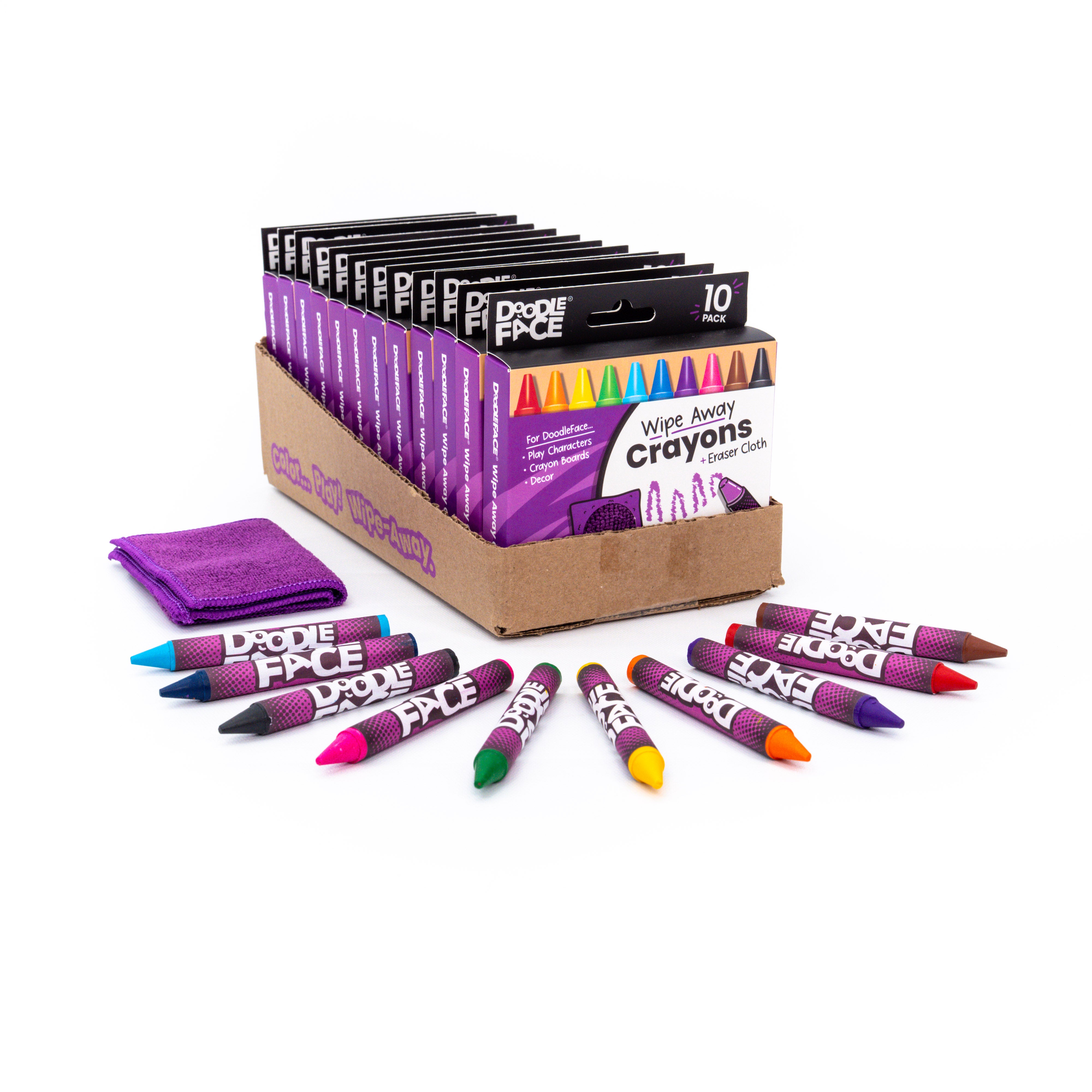Jumbo Wipe-Away Crayons 10 Pack + Eraser Cloth - Carton of 12-DoodleFace B2B